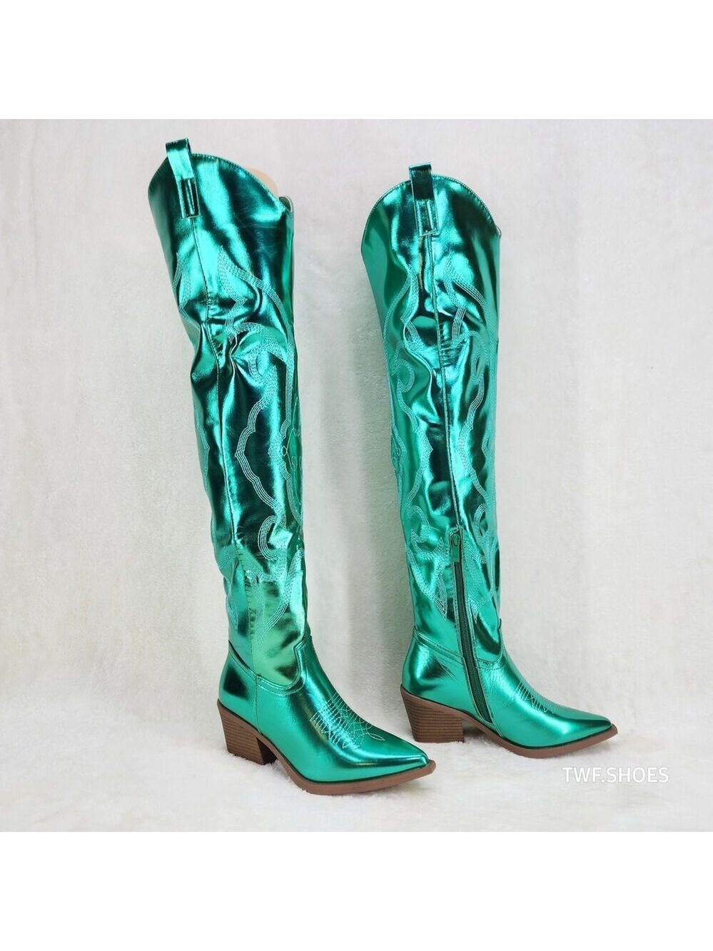 NIB Country Disco Cowboy Metallic Green Western Cowgirl OTK Thigh Boots - Picture 12 of 16